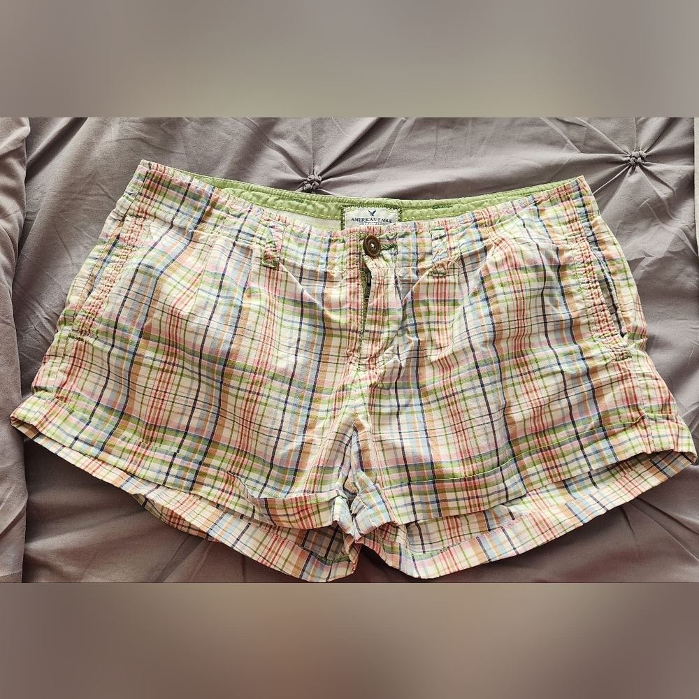 American Eagle Chino Shorts Women 2 Green Plaid Cotton Low Rise L5
